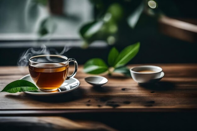 Una tazza di tè con una foglia di tè su un tavolo