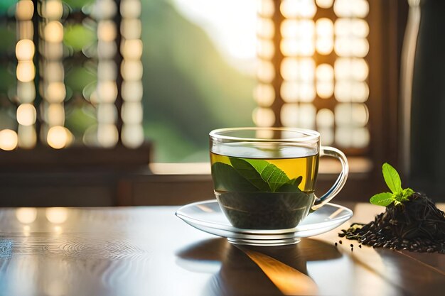 una tazza di tè con una foglia verde sul tavolo