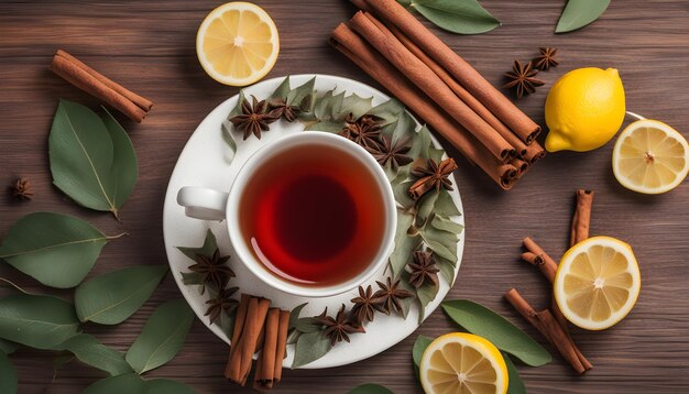 una tazza di tè e bastoncini di cannella su un piatto con foglie e bastoncini di cannella