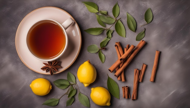 una tazza di tè e dei limoni sono su un tavolo