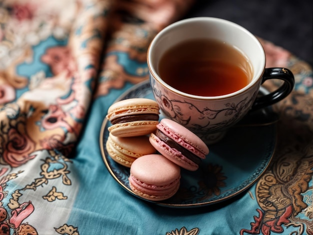 Una tazza di tè e maccheroni su un tovagliolo blu