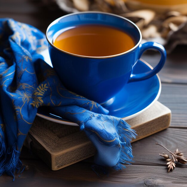 Una tazza di tè e una sciarpa blu su un tavolo di legno