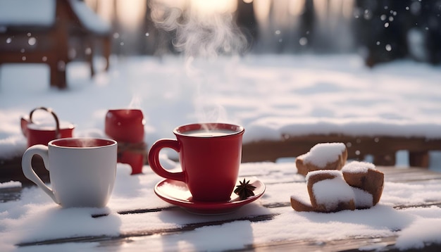 Una tazza di tè e una tazza di caffè su un tavolo con la neve a terra