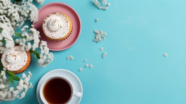 Una tazza di tè e una tazza di tè su sfondo blu