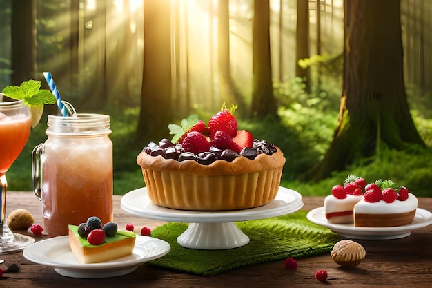 Una tazza di tè e una torta su un tavolo con un barattolo di tè freddo.