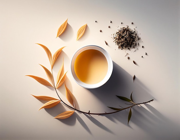 Una tazza di tè fresco circondata da erbe e altri oggetti su una superficie bianca con ombra IA generativa