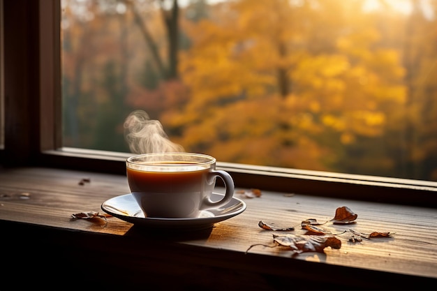 Una tazza di tè fumante si trova sul davanzale di una finestra che si affaccia su una colorata foresta autunnale