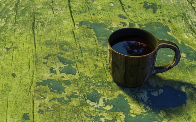 Una tazza di tè in legno sul vecchio tavolo muscoso