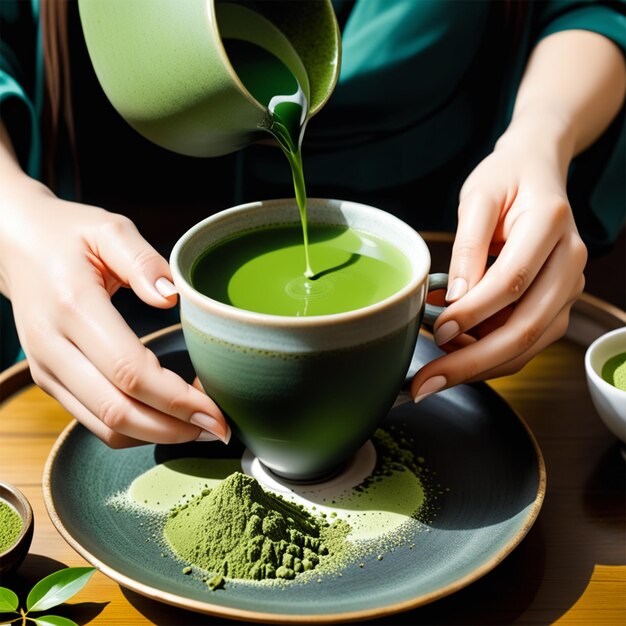 una tazza di tè matcha tradizionale con belle mani una scena di sado