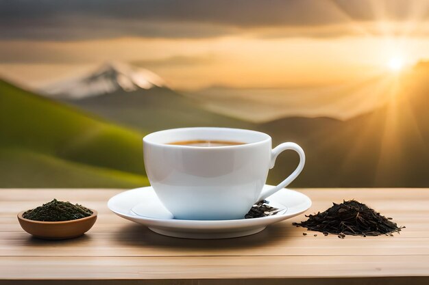 Una tazza di tè nero in una tazza bianca accanto al tè bianco potrealistic