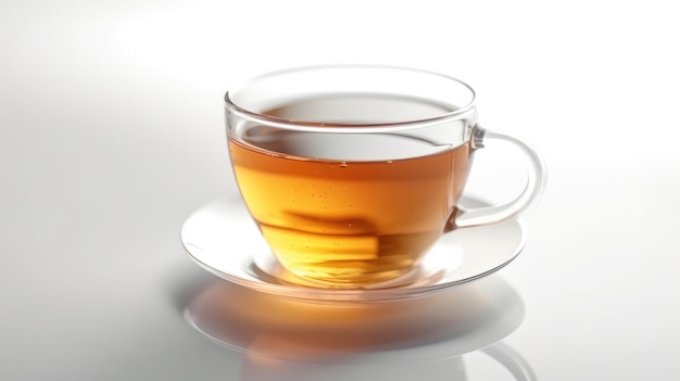 Una tazza di tè si trova su un tavolo.
