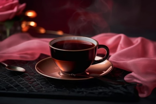 Una tazza di tè si trova su un vassoio nero con un panno rosa sullo sfondo.