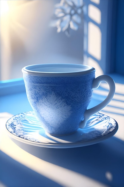 Una tazza di tè su un piattino con sfondo blu.