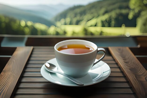 Una tazza di tè su un tavolo con un cucchiaio e un cucchio.