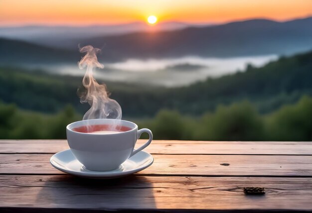 una tazza di tè su un tavolo con un tramonto sullo sfondo