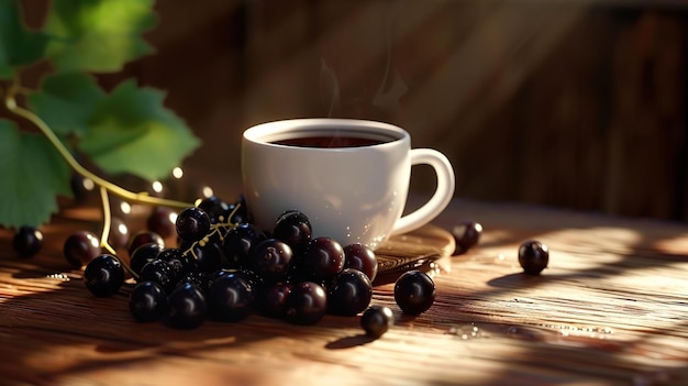 una tazza di tè su un tavolo di legno con mirtilli neri e foglie di primavera