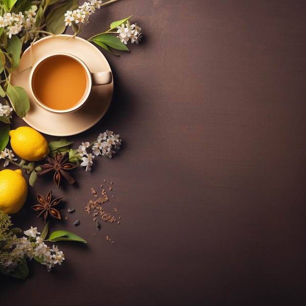 una tazza di tè su uno sfondo scuro con fiori