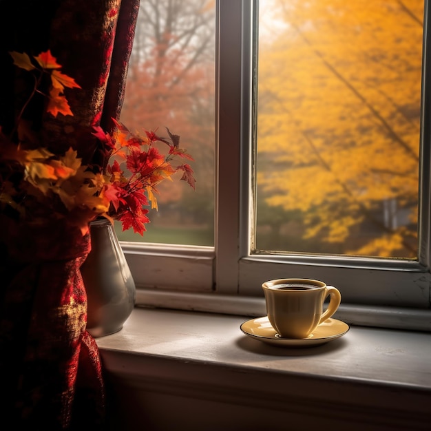 Una tazza di tè sul davanzale della finestra