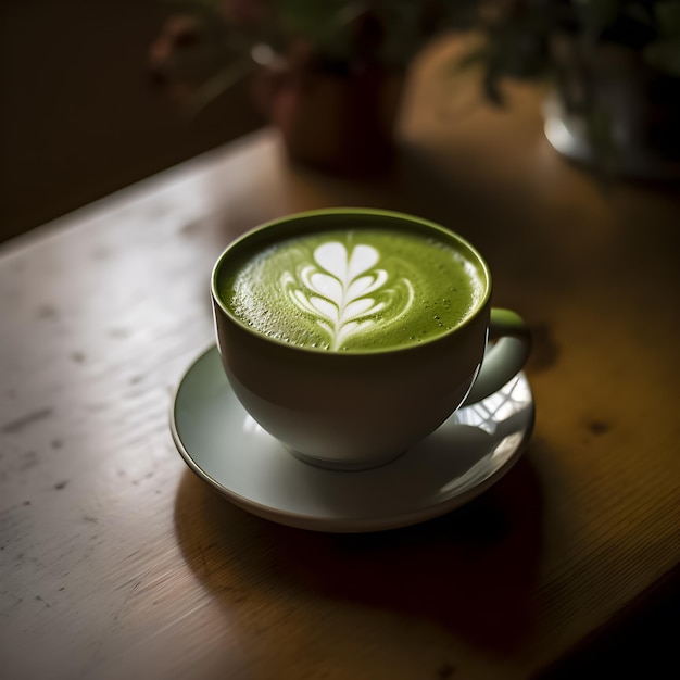 Una tazza di tè verde con sopra un disegno di schiuma.