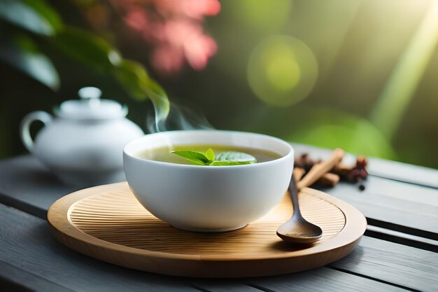 una tazza di tè verde su un vassoio di legno con un cucchiaio.