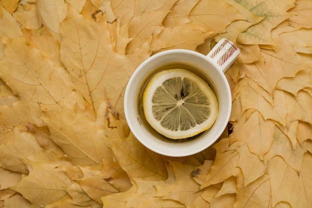 Una tazza di tisana calda con limone sulle foglie di autunno gialle.