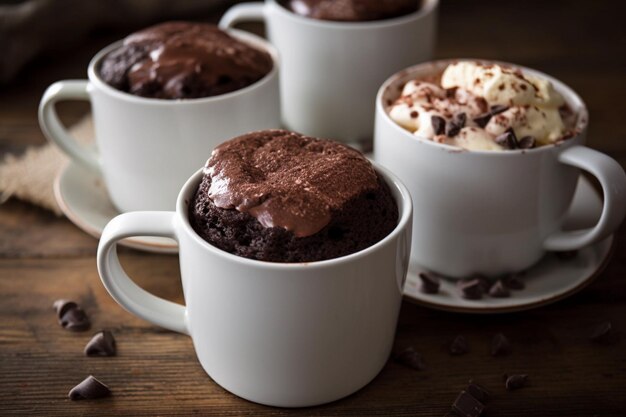 Una tazza di torta al cioccolato con glassa al cioccolato e una tazza di caffè su un tavolo di legno.