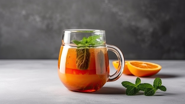 Una tazza di vetro di tè all'arancia con foglie di menta e una foglia di menta sul bordo.