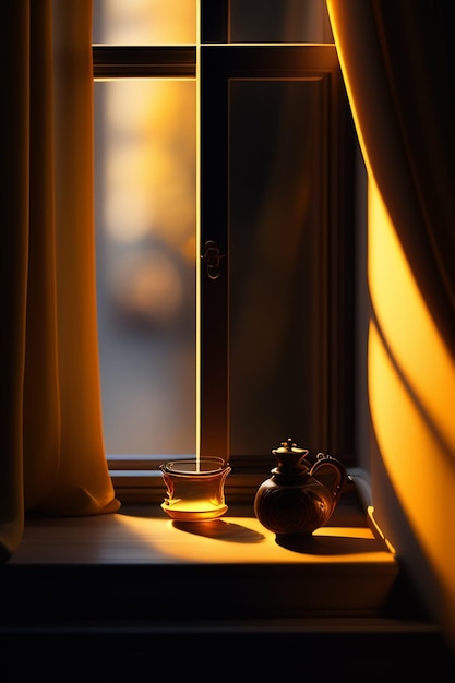 Una tazza di vetro si trova sul davanzale di una finestra con una luce gialla che brilla attraverso di essa.