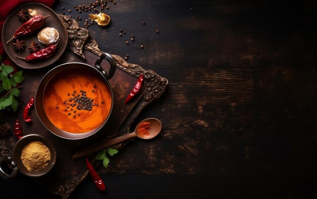 Una tazza di zuppa di pomodoro con un cucchiaio e spezie su uno sfondo scuro