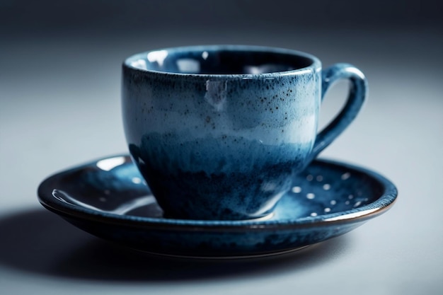 Una tazza e un piattino blu con sopra la parola caffè
