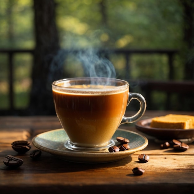 Una tazza fumosa di caffè appena preparato si trova su un tavolo di legno rustico