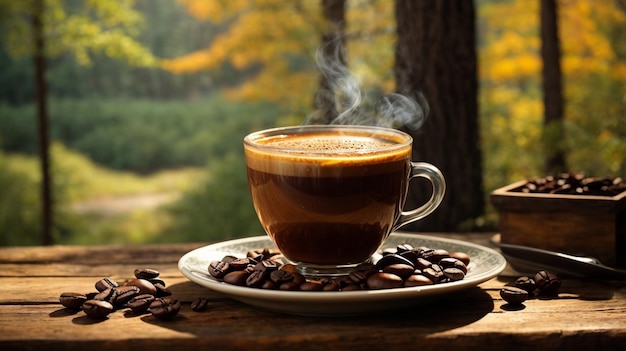 Una tazza fumosa di caffè appena preparato si trova su un tavolo di legno rustico