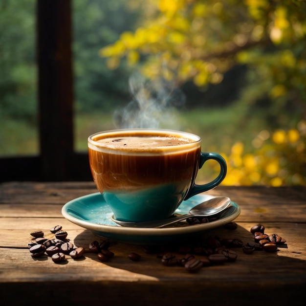 Una tazza fumosa di caffè appena preparato si trova su un tavolo di legno rustico