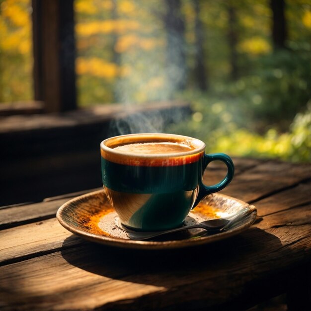 Una tazza fumosa di caffè appena preparato si trova su un tavolo di legno rustico