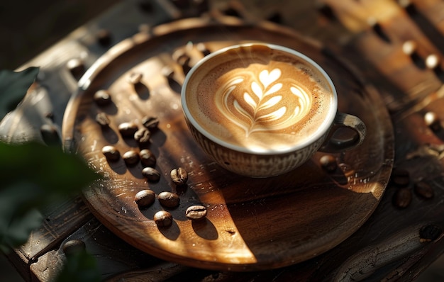 Una tazza fumosa di caffè latte art poggiata su una superficie di legno circondata da chicchi di caffè e burlap che evocano un'atmosfera calda e accogliente