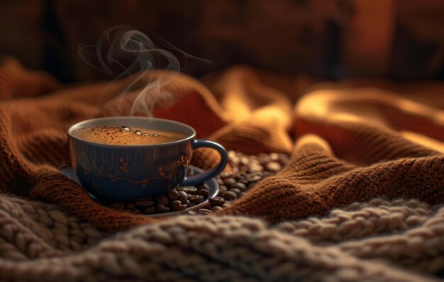 Una tazza fumosa di caffè latte art poggiata su una superficie di legno circondata da chicchi di caffè e burlap che evocano un'atmosfera calda e accogliente