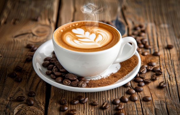 Una tazza fumosa di caffè latte art poggiata su una superficie di legno circondata da chicchi di caffè e burlap che evocano un'atmosfera calda e accogliente