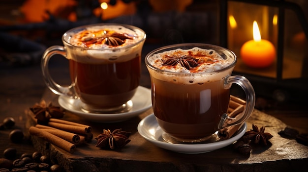 Una tazza fumosa di cioccolato caldo al sidro piccante o un fragrante chai latte sono al centro dell'attenzione.