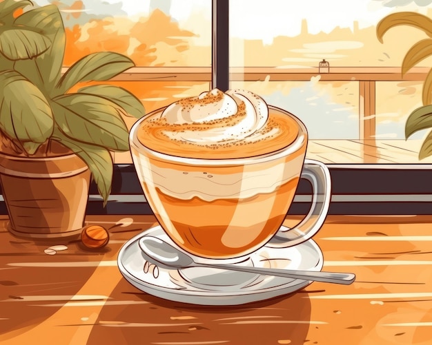 Una tazza illustrata di caffè cappuccino caldo AI generativa