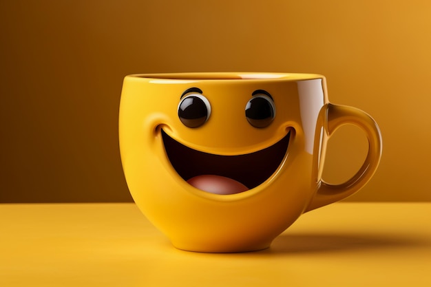 Una tazza in stile cartone animato con sorrisi carinosi e mosse di danza