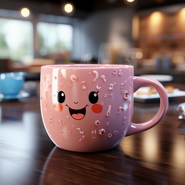 Una tazza in stile cartone animato con sorrisi carinosi e mosse di danza