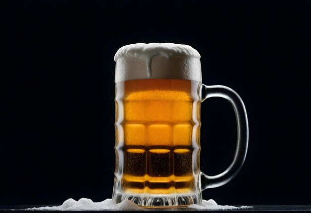 Una tazza piena di birra con schiuma che trabocca su uno sfondo nero