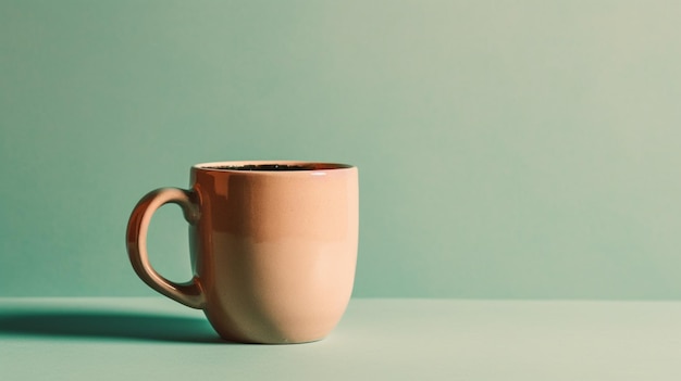 Una tazza rosa con uno sfondo blu con su scritto "caffè".