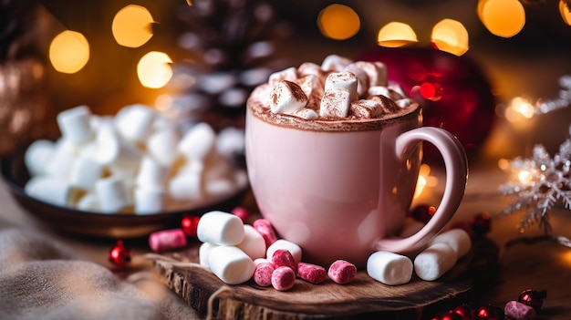 Una tazza rosa di cioccolata calda con marshmallow e un albero di Natale sullo sfondo