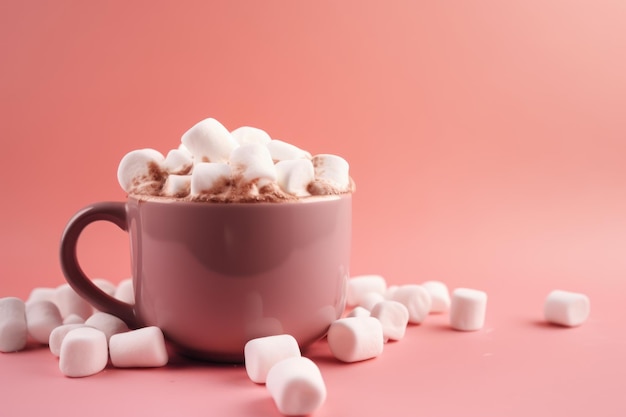 Una tazza rosa di cioccolata calda con marshmallow su sfondo rosa IA generativa