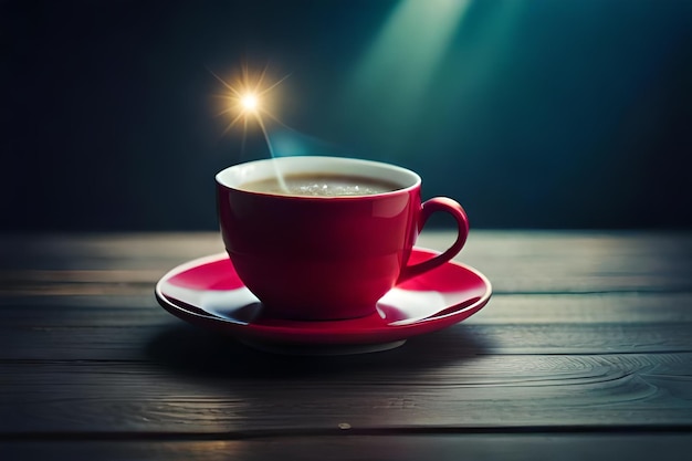 una tazza rossa di caffè con il sole che splende attraverso la parte superiore