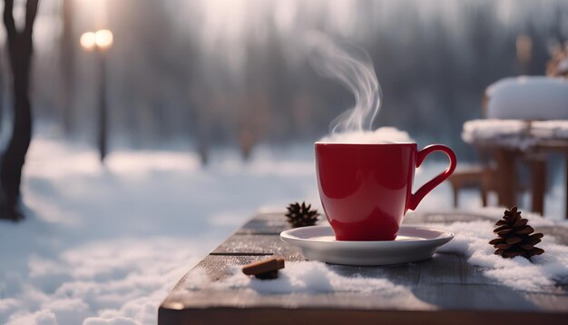 una tazza rossa di caffè e un piatto di coni di pino su un tavolo