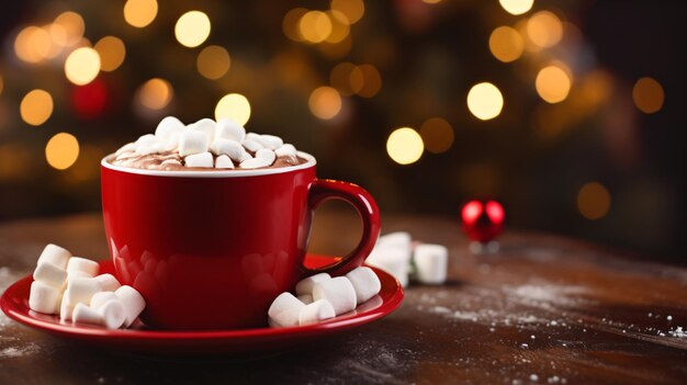 Una tazza rossa di cioccolato caldo e marshmallow in cima