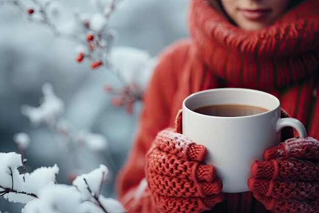 una tazza rossa nelle mani di coloro che sono vestiti con guanti a maglia sullo sfondo di un paesaggio di neve sfocato