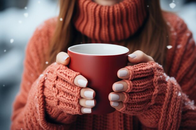 una tazza rossa nelle mani di coloro che sono vestiti con guanti a maglia sullo sfondo di un paesaggio di neve sfocato